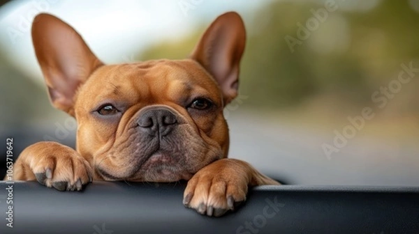 Fototapeta A French Bulldog looks out through a car window, capturing a serene and thoughtful moment. The dog seems to be enjoying the view and gentle breeze.