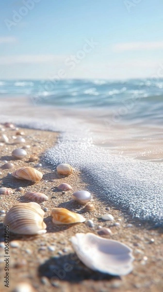 Obraz Seashells on Sandy Beach with Gentle Ocean Waves