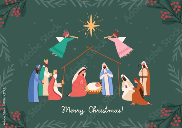 Fototapeta Horizontal Christmas greeting card with nativity scene, cartoon flat vector illustration. Baby Jesus with virgin Mary and Joseph, three shepherds and kings with gifts.