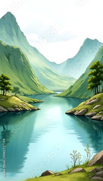 Obraz Serene river landscape with mountains and trees in tranquil style 