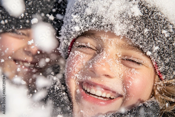 Fototapeta A young girl is smiling and laughing while playing in the snow