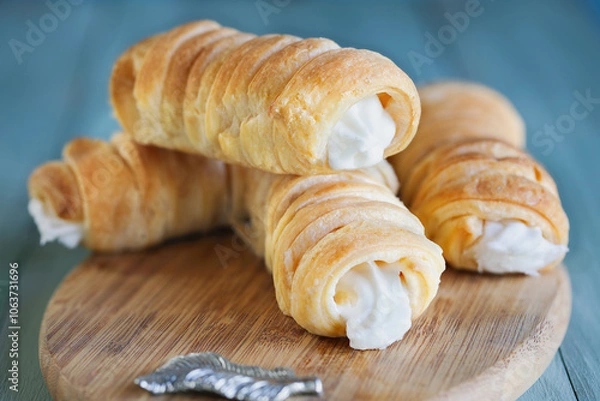Fototapeta Stack of flaky puff pastry cream horns, Cannoncini, filled with vanilla cream on rustic table.  Selective focus with blurred background.