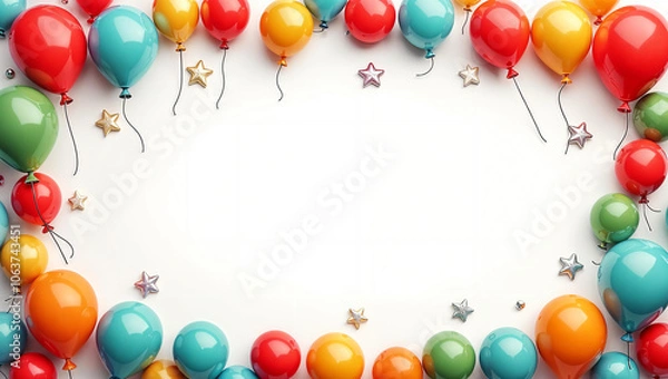 Obraz Holiday festive banner with colorful balloons border on the white background with copy space