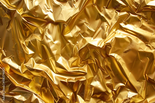 Fototapeta Crinkled foil gold background with reflective surface and shimmering vibrant hue