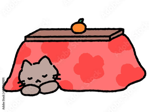 Fototapeta 猫がこたつで丸くなっている手描きイラスト