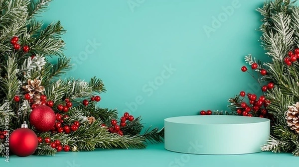 Fototapeta Elegant podium surrounded by festive greenery and red berries creating a perfect holiday display