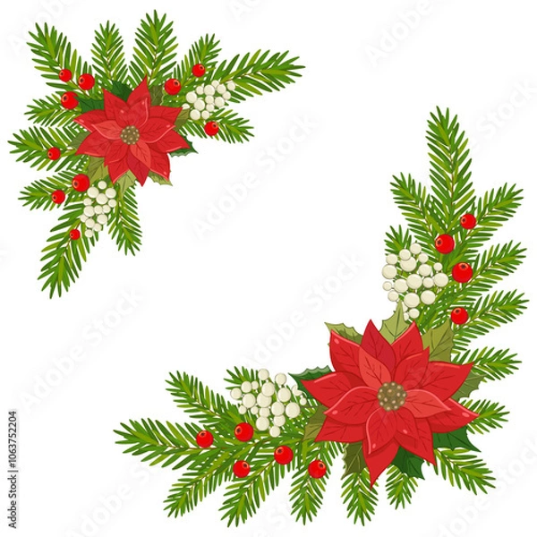 Fototapeta Christmas flowers. A vibrant holiday wreath featuring red poinsettias, green leaves, and white berries arranged for festive decoration during winter