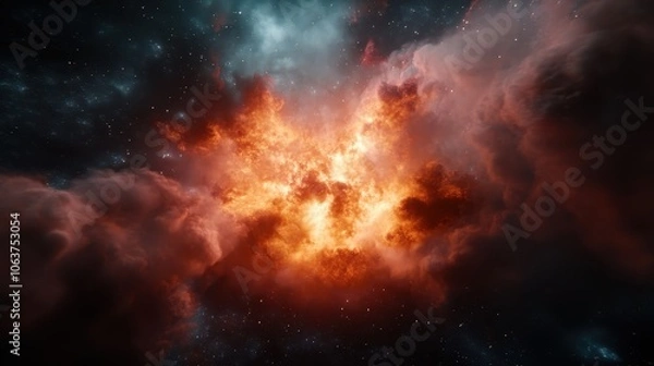 Fototapeta A dramatic depiction of a fiery cosmic explosion, displaying intense energy and vibrant colors, symbolizing creation and dynamic cosmic events.