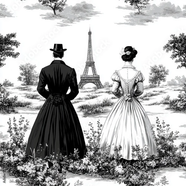 Fototapeta A couple in vintage attire gazes at the Eiffel Tower in a scenic landscape.
