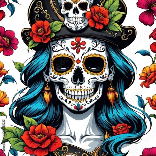 Obraz Drawing of a sugar skull pirate with flowers illustration. White background.