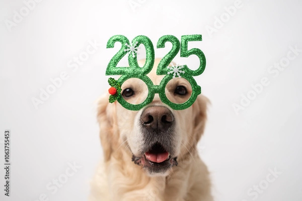 Fototapeta Dog with glasses 2025 for new year. Golden retriever for Christmas sitting on white background with green glasses. Postcard with space for text for new year with pet.