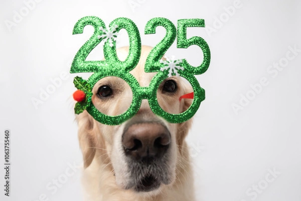 Fototapeta Dog with glasses 2025 for new year. Golden retriever for Christmas sitting on white background with green glasses. Postcard with space for text for new year with pet.