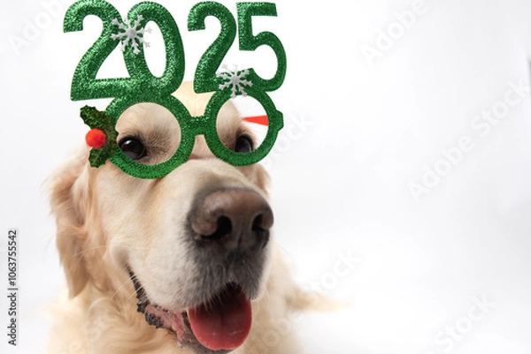 Fototapeta Dog with glasses 2025 for new year. Golden retriever for Christmas sitting on white background with green glasses. Postcard with space for text for new year with pet.
