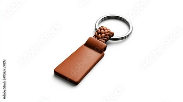 Fototapeta Brown Leather Keychain: A stylish and practical leather keychain with a braided strap and a rectangular tag. It's a perfect accessory for adding a touch of sophistication to your keys. 