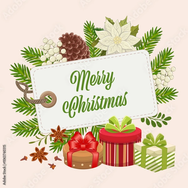 Fototapeta Christmas white tag with Merry Christmas lettering. A vibrant holiday design featuring pine cone and tree branches arranged for festive decoration during winter