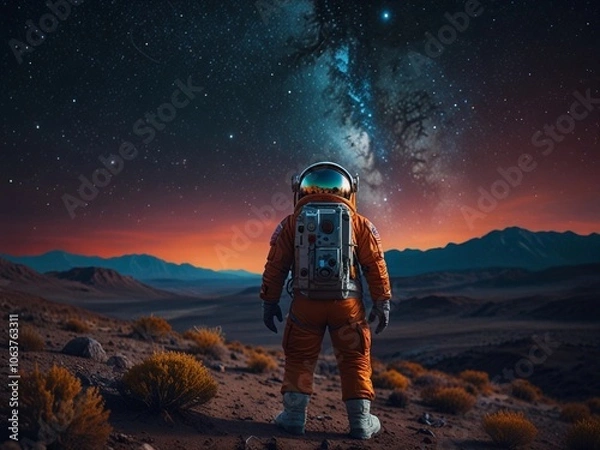Fototapeta Astronaut Staring at the Milky Way over Alien Desert Landscape – Space Exploration and Planetary Settlement concept. Space tourism concept.