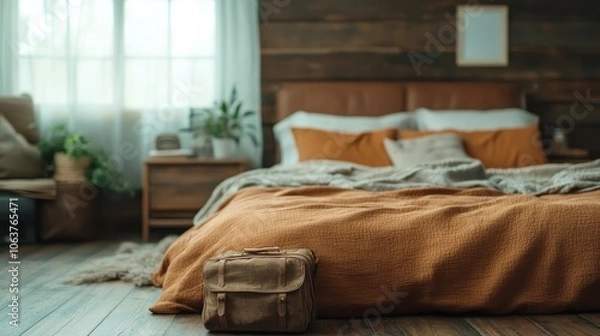 Fototapeta A serene bedroom setting featuring a neatly made bed with earthy-colored blankets and a vintage travel suitcase placed in front, evoking relaxation and wanderlust.