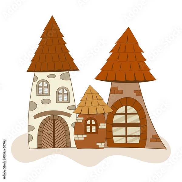 Obraz Cute gingerbread houses set with decorations, ornaments and gingerbread people. Christmas cookies and candies. Stock vector illustration collection