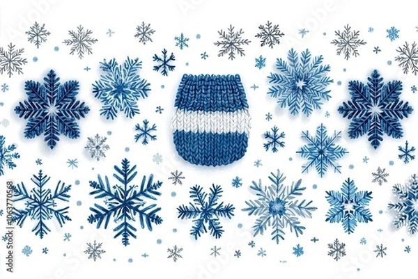 Fototapeta seamless knitting pattern featuring blue snowflakes on a white background embodying a cozy winter theme inspired by traditional fair isle style for textiles and crafts