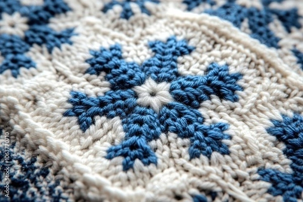 Fototapeta seamless knitting pattern featuring blue snowflakes on a white background embodying a cozy winter theme inspired by traditional fair isle style for textiles and crafts