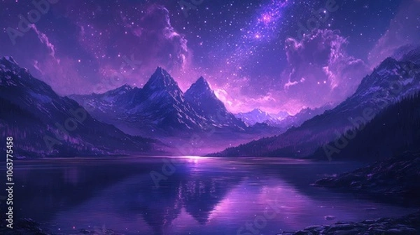 Fototapeta A serene landscape with mountains, a lake, and a vibrant purple sky filled with stars and clouds.
