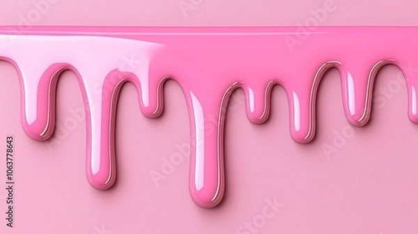 Fototapeta Pink glossy paint dripping down a pink surface, close-up.