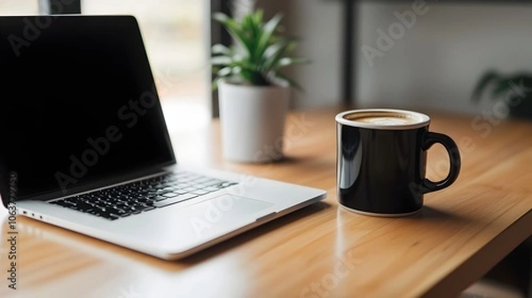 Fototapeta Beautifully Curated Minimalist Workspace Setting with Laptop Freshly Brewed Coffee and Neatly Arranged Stationery Items Showcasing the Elegance and Productivity of a Clutter Free Environment