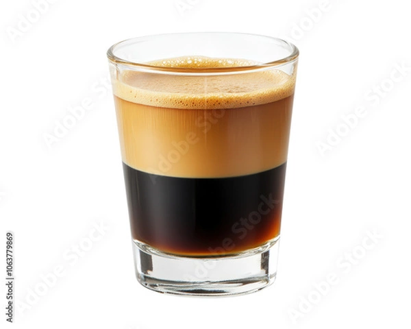 Obraz A layered coffee drink showcasing rich, dark espresso and creamy froth in a clear glass on a white background.