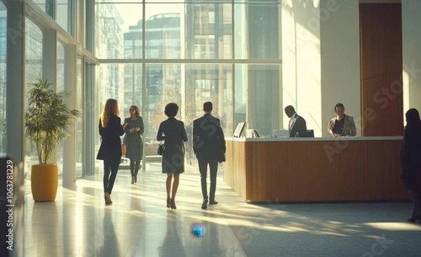 Fototapeta A group of diverse business people walking through an office, engaged in conversation and facing away from the camera Generative AI