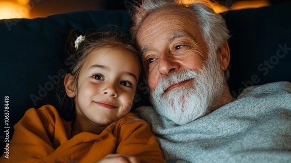 Fototapeta A young girl and her grandfather share a warm and loving moment together while lying on a couch. They both gaze into the distance with a smile, radiating happiness.
