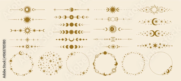 Obraz Celestial dividers. Decorative sun and moon border. Magic text decor divider and frame with astrology mystical stars, moon phase, shining sun. Fantasy vector elements