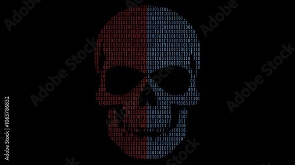 Fototapeta Cybersecurity hacking danger digital skull composed of binary code in red and blue on a black background
