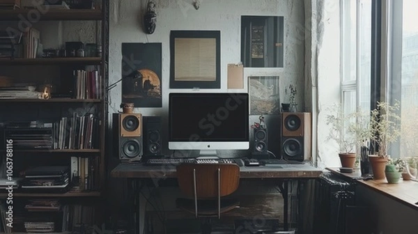 Fototapeta A minimalist home office workspace with a computer, speakers, and a bookshelf. The room is decorated with plants and artwork.