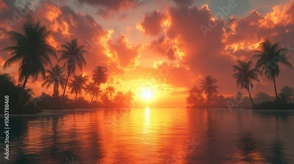 Fototapeta silhouetted palm trees basking in the warm glow of a tropical sunrise creating a picturesque scene that radiates tranquility and the essence of tropical paradise