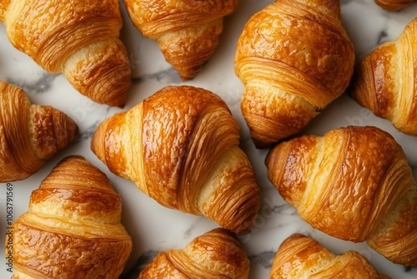 Fototapeta Golden-brown croissants in a close-up, showcasing texture.