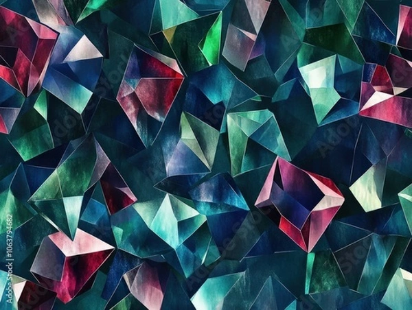Fototapeta A low-poly seamless pattern inspired by gemstones, with facets in shades of emerald green, sapphire blue, and ruby red, perfect for luxury branding, fashion accessories, or jewelry-related products