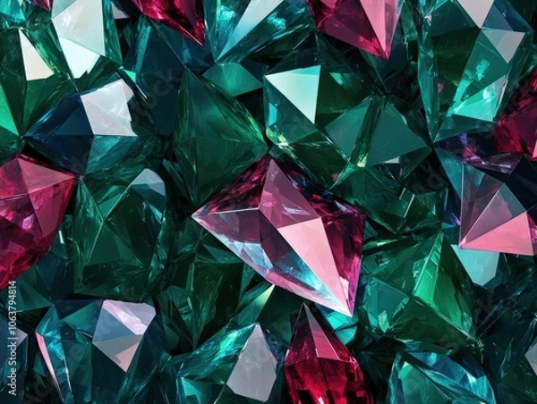 Fototapeta A low-poly seamless pattern inspired by gemstones, with facets in shades of emerald green, sapphire blue, and ruby red, perfect for luxury branding, fashion accessories, or jewelry-related products