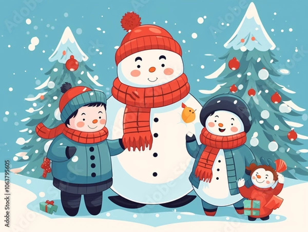 Fototapeta Merry Christmas and Happy New Year! Cute illustrations with characters, a family and a big snowman on a winter holiday.