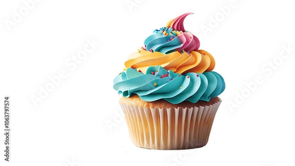 Fototapeta Single cupcake topped with vibrant, colorful frosting on a clean white background—deliciously detailed and visually inviting, perfect for any sweet celebration