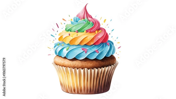 Obraz Single cupcake topped with vibrant, colorful frosting on a clean white background—deliciously detailed and visually inviting, perfect for any sweet celebration