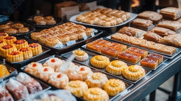 Fototapeta Assortment of Chinese desserts, including mooncakes and sweet buns, elegantly displayed on a table