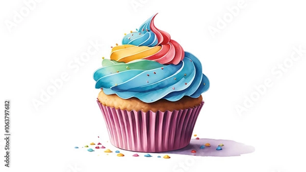Obraz Single cupcake topped with vibrant, colorful frosting on a clean white background—deliciously detailed and visually inviting, perfect for any sweet celebration