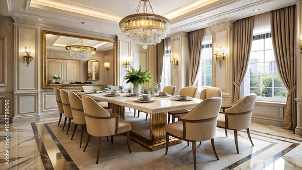 Fototapeta Elegant Neo-Classical Dining Room with Cream Walls and Marble Table. Perfect for: Formal dinners, classical-themed decor, luxury homes