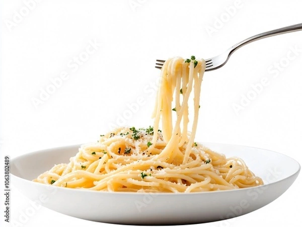 Fototapeta Close-up of a fork lifting spaghetti seasoned with grated cheese and parsley, ready to be enjoyed