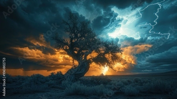 Fototapeta A lone tree stands silhouetted against a dramatic sky with a lightning strike.