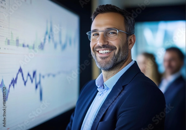 Obraz Businessman standing in a well lit office background with coworkers in the background, all infront of a chart depicting upwards growth and increase for a business or marketing concept