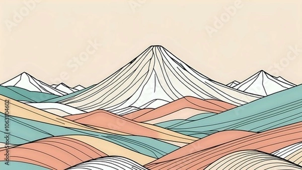 Fototapeta Abstract landscape illustration of a mountain range with a soft color palette.
