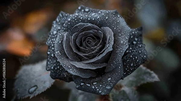 Obraz A single black rose covered in water droplets.