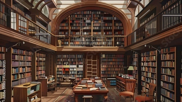 Fototapeta Elegant academic library with rows of bookshelves and cozy reading furniture