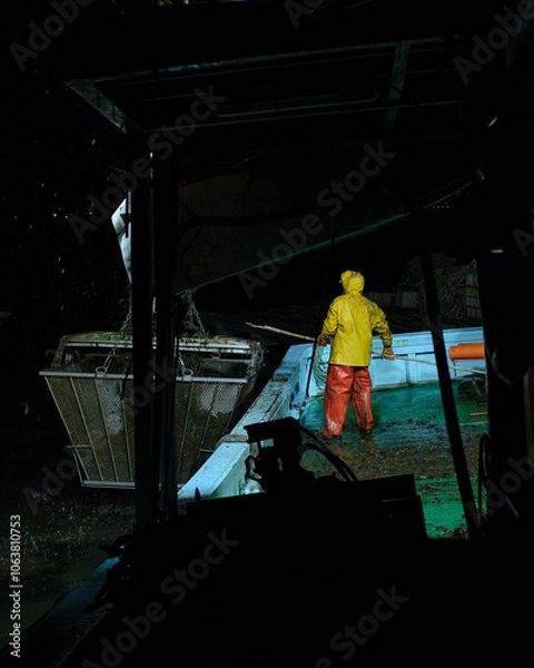 Fototapeta A sailor in a yellow waterproof jacket proceeds to hold a crane basket full of mussels in place before it is hoisted aboard.